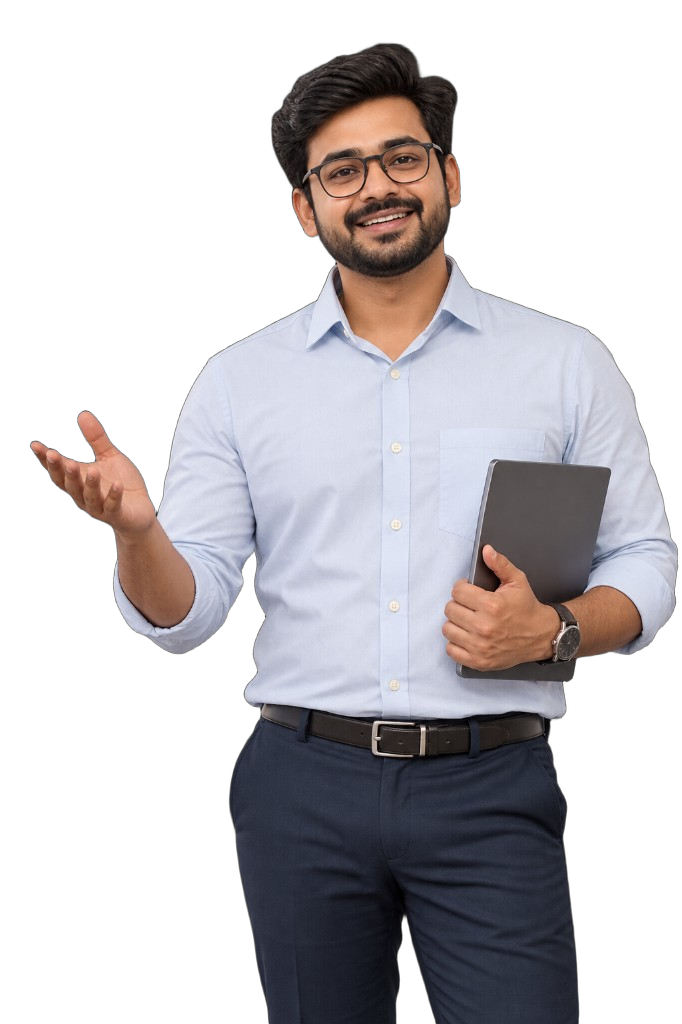 An instructor smiling, holding a tablet, and explaining a lesson